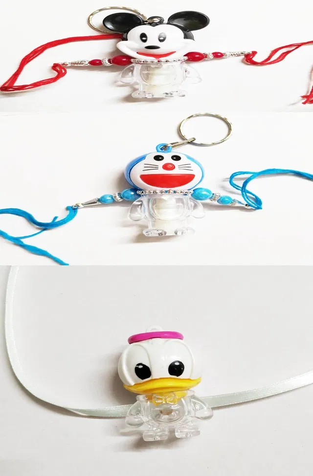 Plastic Micky Mouse, Donal Duck & Doraemon LED Light Rakhi for Kids (Multicolor, Pack of 3)