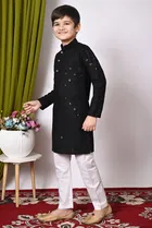 Rayon Cotton Embellished Kurta with Payjama for Boys, Black & White 