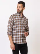 Cotton Blend Checkered Shirt for Men, Brown 