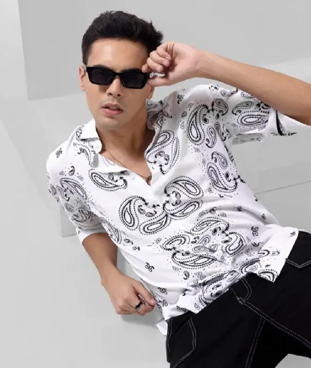 Full Sleeves Printed Shirt for Men (White, L)