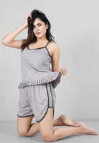 Satin Solid Nightsuit for Women (Grey, XL)