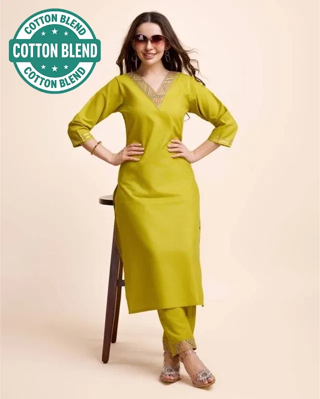 Cotton Solid Women's Kurta with Pant Set (Yellow, S)