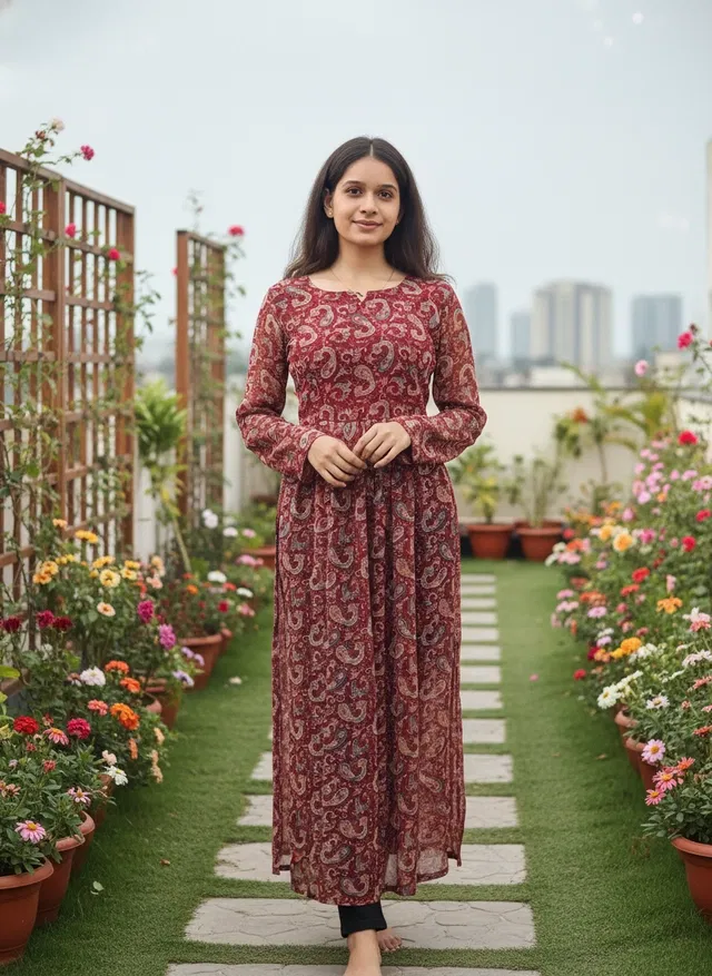 Kalamkari Print Naira Kurti for Women (Red, L)