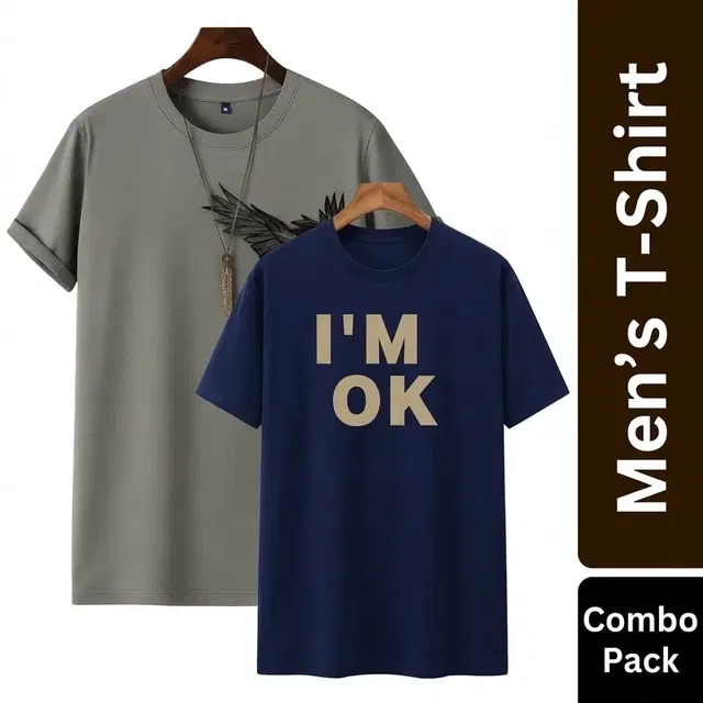 Round Neck Eagle Printed T-Shirt for Men, Combo Pack of 2, Grey & Navy Blue, M