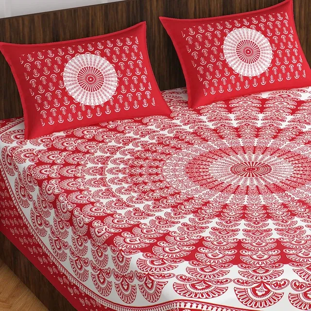 Jaipuri Cotton Double Bedsheet with 2 Pillow Covers | 80x90 Inch | Paisley Red | Traditional Rajasthani Print