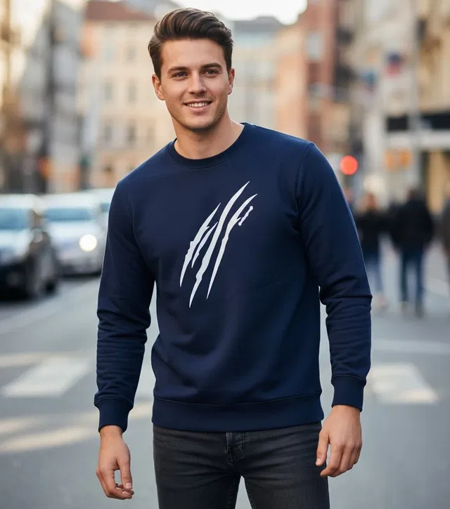 Fleece Printed Hoodie For Men, Dark blue (L)