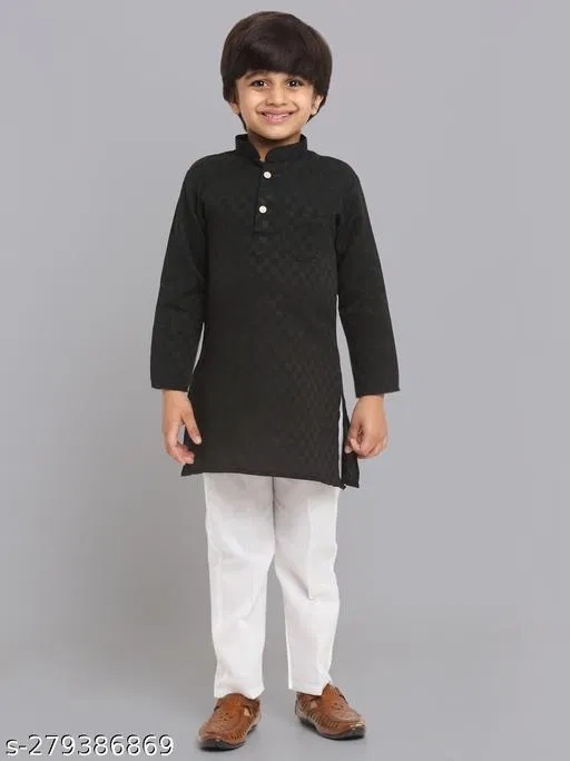 Cotton Blend Kurta with Pyjama for Boys (Black & White, 1-2 Years)