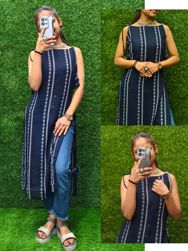 Side Cut Georgette Kurti for Women (Navy Blue, XS)