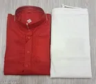 Cotton Solid Kurta Set for Men, Red & White 
