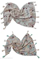 Printed Chiffon Scarves with Tassels for Women, Multicolor, Pack of 2