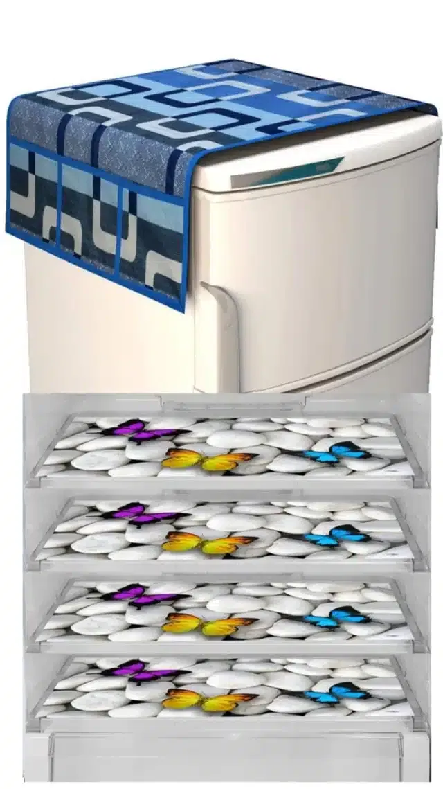 Knit Printed Fridge 4 Pcs Mat with Top Cover (Blue, Set of 1)