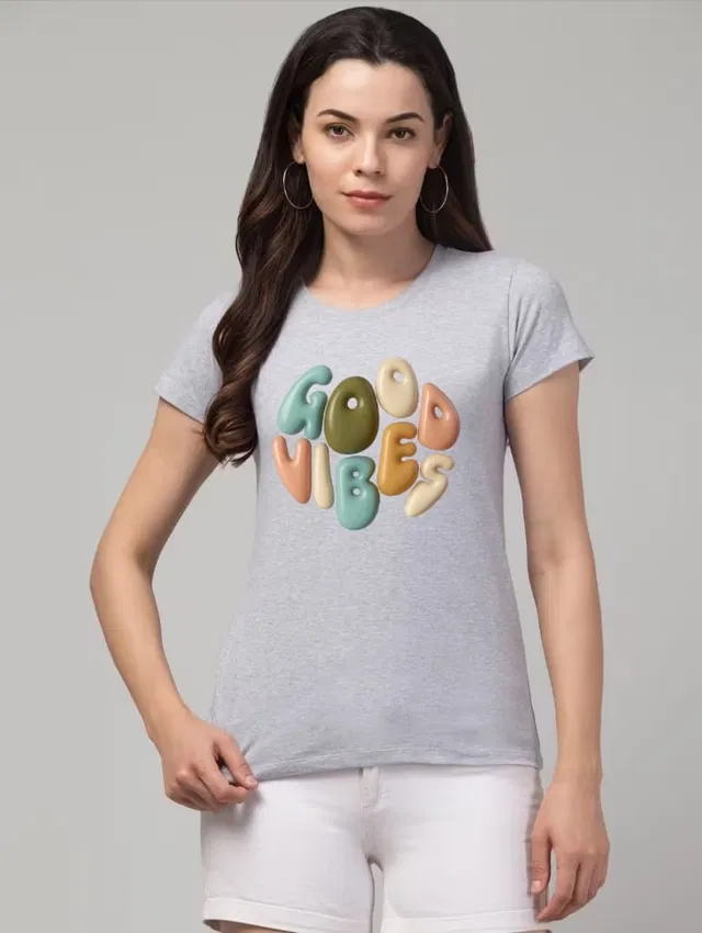 Cotton Blend Printed T-shirt for Women, Grey (XL)