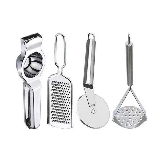 Oc9 Stainless Steel Lemon Squeezer & Cheese Grater & Pizza Cutter & Potato Masher Kitchen Tool Set (O-110)