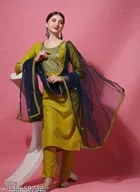 Cotton Blend Embroidered Kurta with Pant & Dupatta for Women 