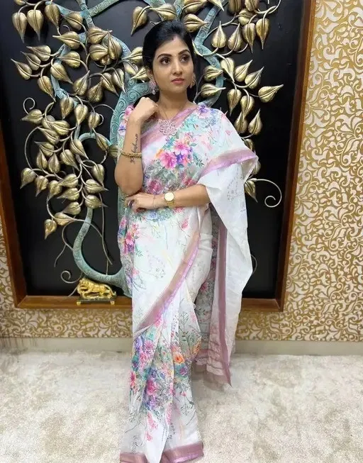 Cotton Linen Printed Saree for Women (Multicolor, 6.3 m)