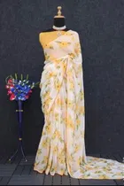 Georgette Printed Saree for Women, Yellow 