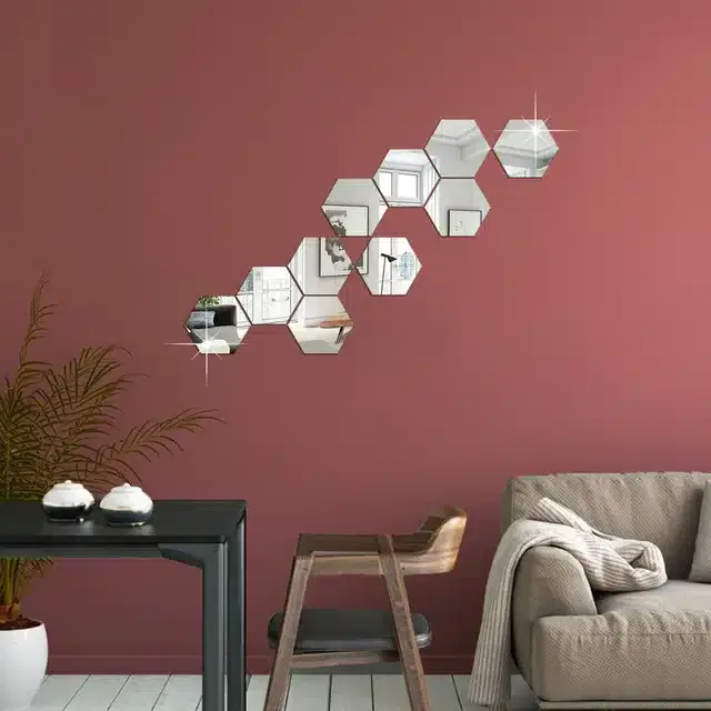Acrylic Hexagon Shaped Wall Mirror Stickers (Silver, Pack of 10)