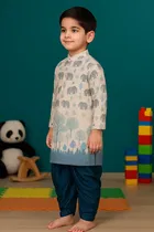 Cotton Blend Printed Kurta with Dhoti for Boys, White & Blue 