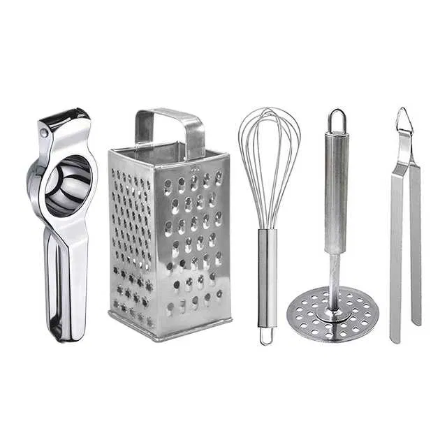Oc9 Stainless Steel Lemon Squeezer & 4 in 1 Grater Or Slicer & Egg Whisk & Potato Masher & Roti Chimta Kitchen Tool Set (O-146)