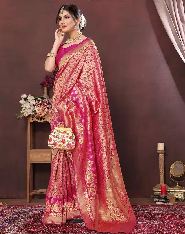 Banarasi Silk Zari Woven Saree for Women (Pink, 6 m)
