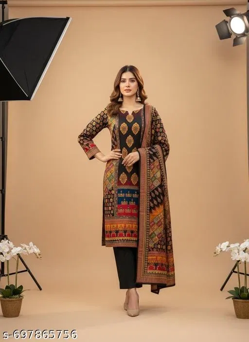 Bandhani Printed Jaipuri Designs Embroidered Top Bottom Duppata for Women (Black, Un Stitched)