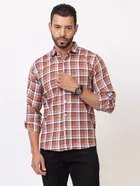 Cotton Blend Checkered Shirt for Men, Orange 