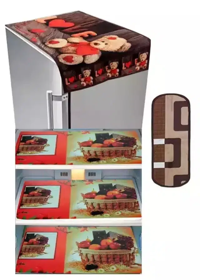 Knit Printed Fridge 3 Pcs Mat with Top & Handle Cover (Multicolor, Set of 1)