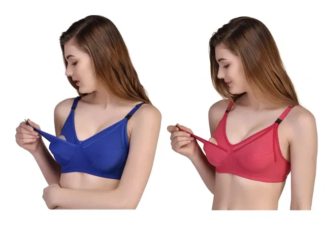 Cotton Blend Solid Non Padded Feeding Bras for Women (Multicolor, 2XL) (Pack of 2)