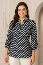 Women's Geometric Print Regular Sleeve Mandarin Collar Top,Navy Blue (S)