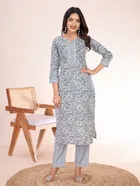 Cotton Blend Printed Kurta with Pant for Women 