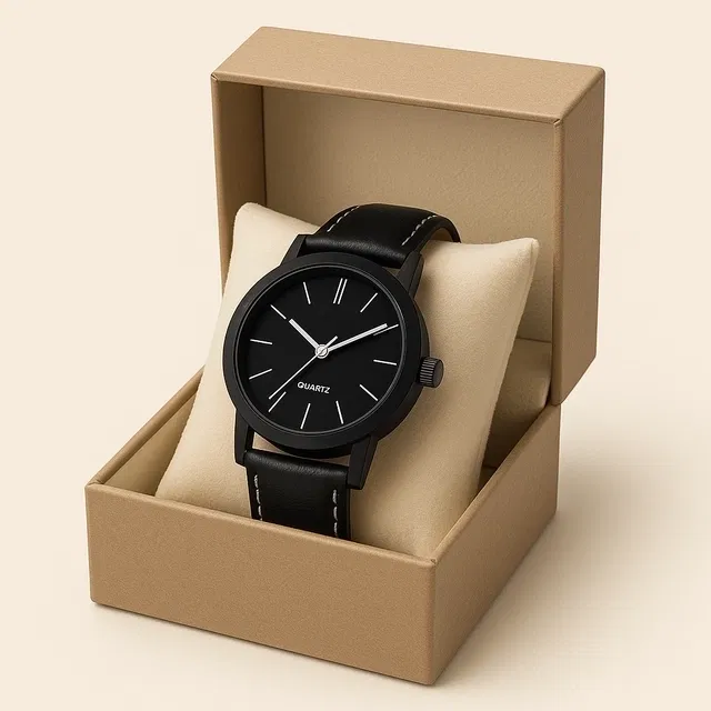 Casual Analog Watch with Matte Finish Dial & Leather Strap, Black