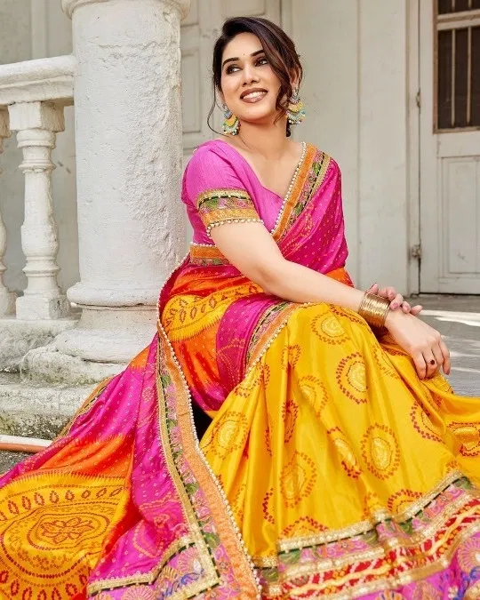 Art Silk Printed Saree for Women, Yellow (6.3 m)