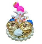 Metal Decorative Ganpati Haldi Kumkum Stand with 2 Roli Chawal Holder, Multicolor