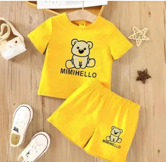 Hosiery Printed Clothing Set for Kids (Yellow, 12-18 Months)