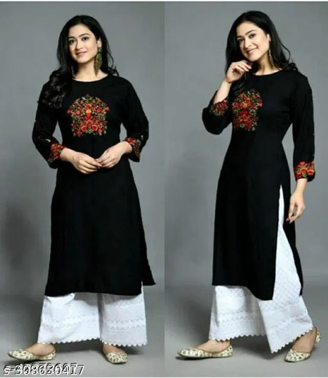 Rayon Embroidered Kurti for Women (Black, 7XL)