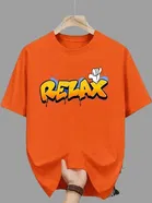 Polyester Printed Half Sleeves T-Shirts For Men, Orange 
