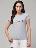 Round Neck Printed T-Shirt for Women (Grey, S)