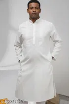 Cotton Blend Solid Kurta Set for Men, White 