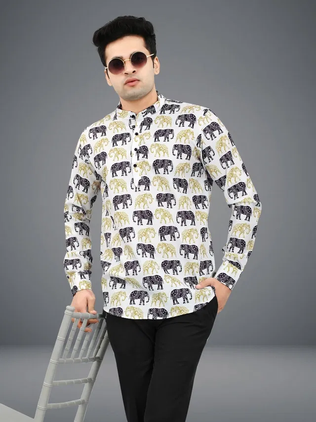 Cotton Blend Printed Kurta for Men (Multicolor, XL)