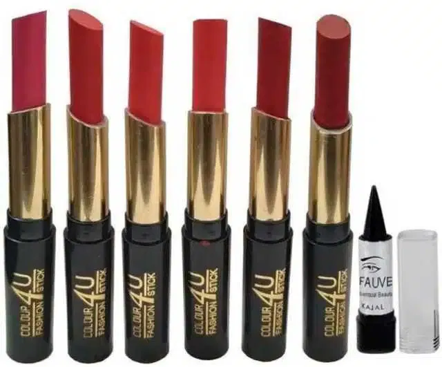 Lenon Makeup Accessory Matte Lipstick Multicolor with Black Kajal (Set of 7) (D287)