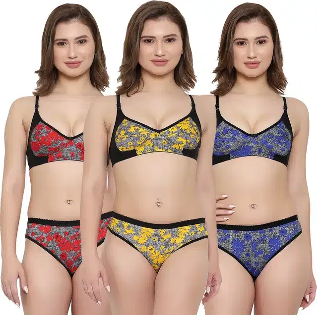 Cotton Blend Lingerie Set for Women (Multicolor, 36) (Set of 3)