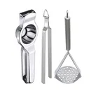 Oc9 Stainless Steel Lemon Squeezer & Roti Chimta & Potato Masher Kitchen Tool Set 