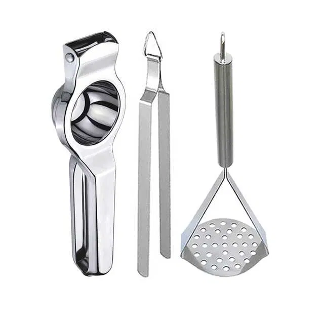 Oc9 Stainless Steel Lemon Squeezer & Roti Chimta & Potato Masher Kitchen Tool Set (O-38)