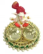 Metal Decorative Ganpati Haldi Kumkum Stand with 2 Roli Chawal Holder, Multicolor