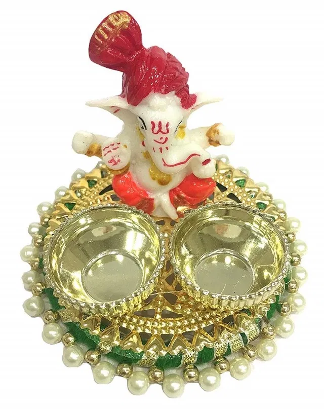 Metal Decorative Ganpati Haldi Kumkum Stand with 2 Roli Chawal Holder, Multicolor