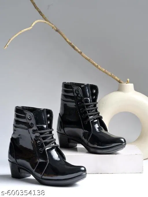 Shoetopia Solid Patent Leather Heeled Boots Black (IND-5)