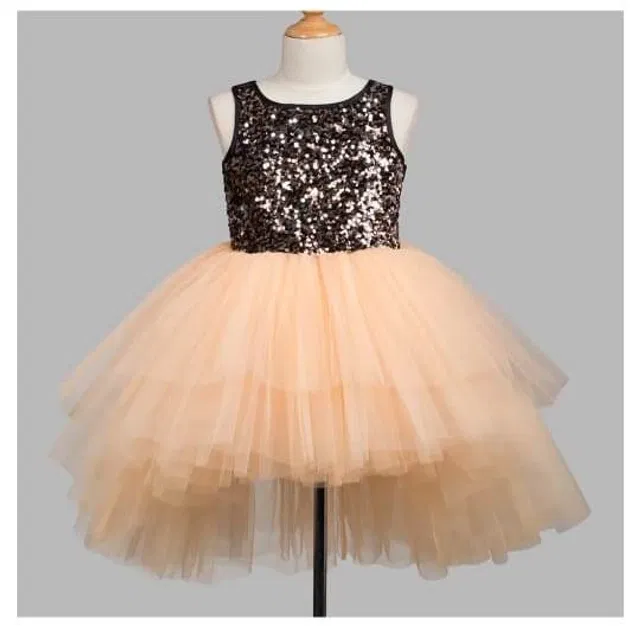 Net Solid Frock for Girls (Peach & Black, 18-24 Months)