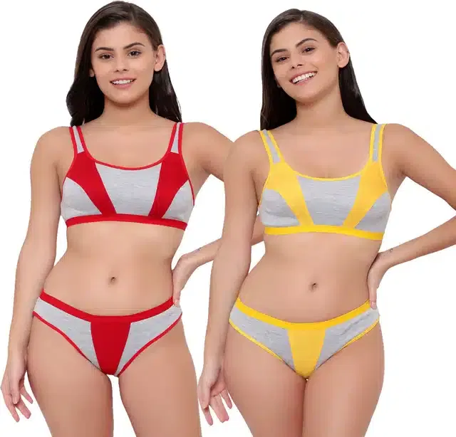 Cotton Blend Lingerie Set for Women (Red & Yellow, 36) (Set of 2)