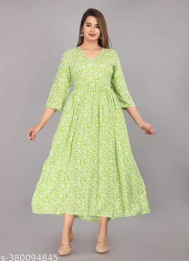 Anarkali Rayon Printed Kurti for Women (Green, XXL)