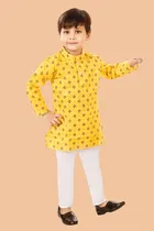 Cotton Blend Printed Kurta with Payjama for Boys, Yellow & White 